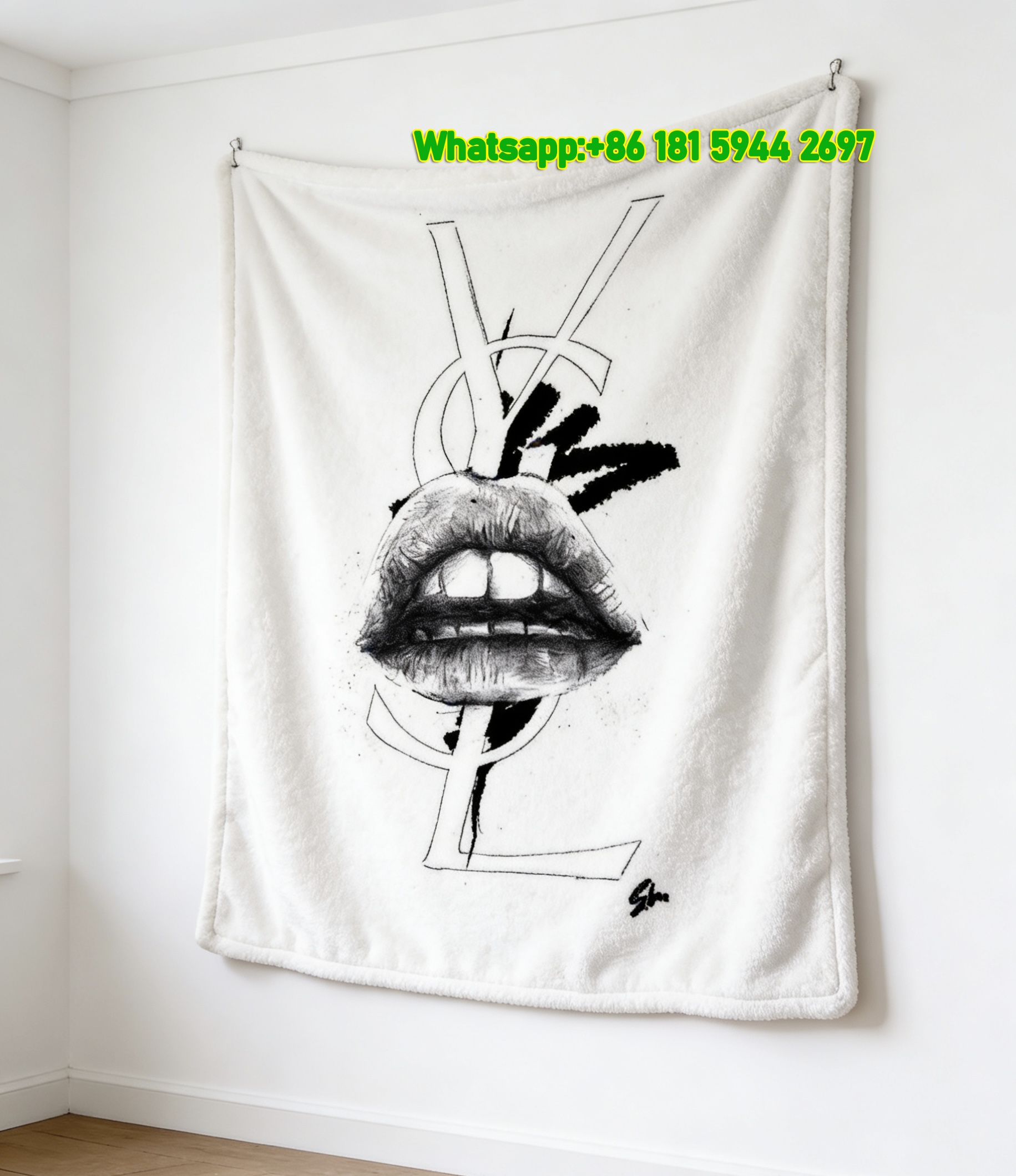 Yves Saint Laurent YSL Black and White Lip Art Print Flannel Throw Blanket IMG_3278